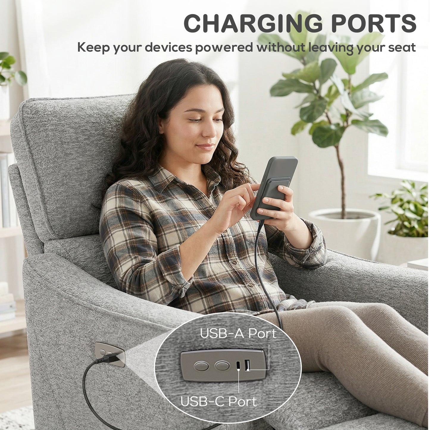 Power Recliner Chair, Chenille Upholstered Recliner Chair with USB Ports, Footrest, Grey