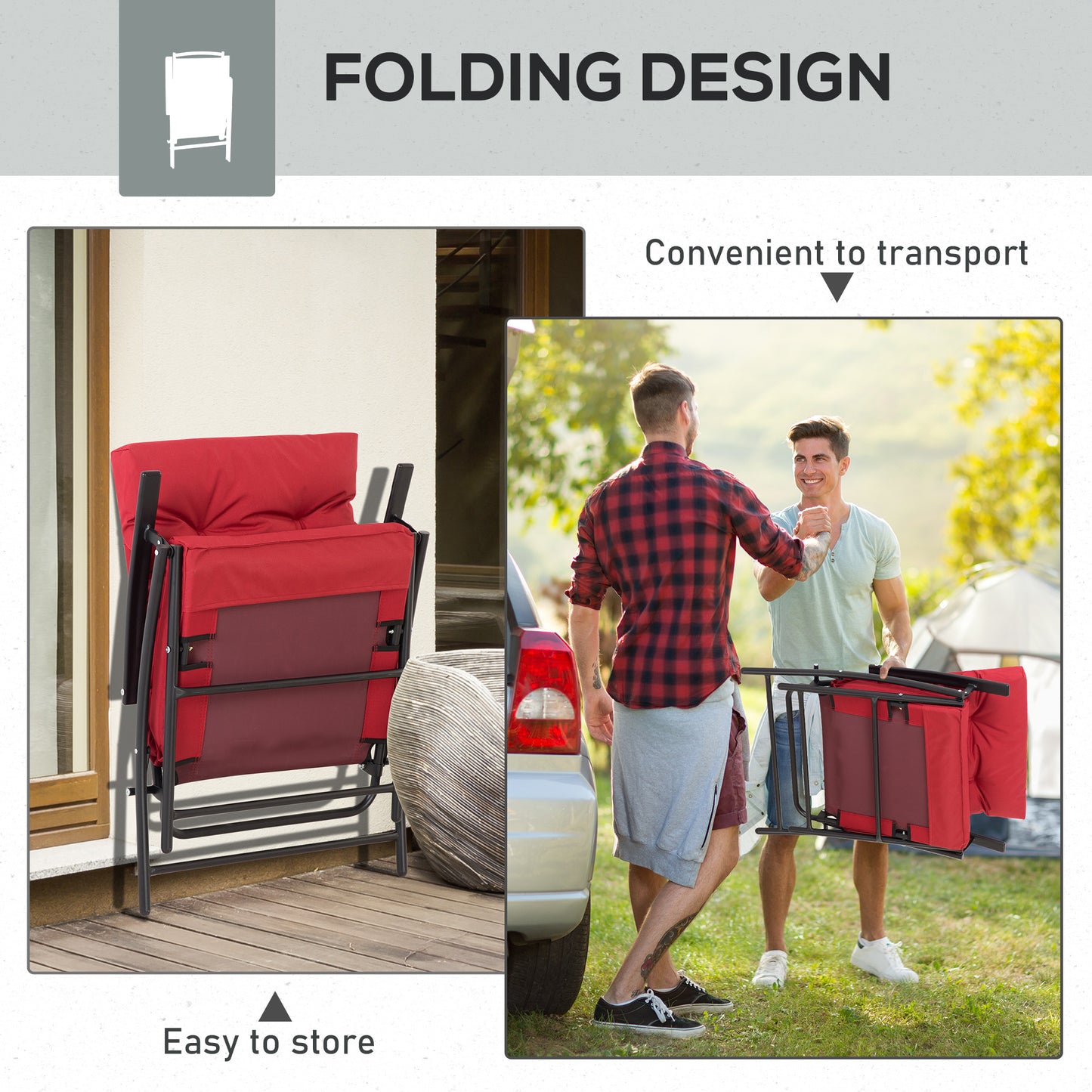 Set of 2 Outdoor Folding Chairs with Adjustable Backrest, Padded Camping Chairs for Outdoor Events, Grey