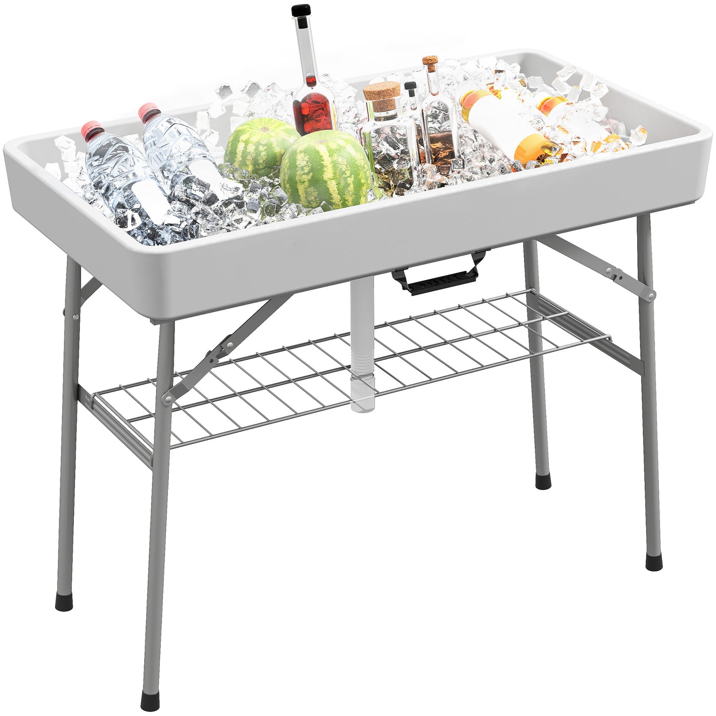 3.4ft Folding Ice Cooler Table with Drain, Outdoor Patio Party Cooler for Drinks, Fishing Cleaning Table with Storage Shelf for Picnic BBQ Camping Wedding, White