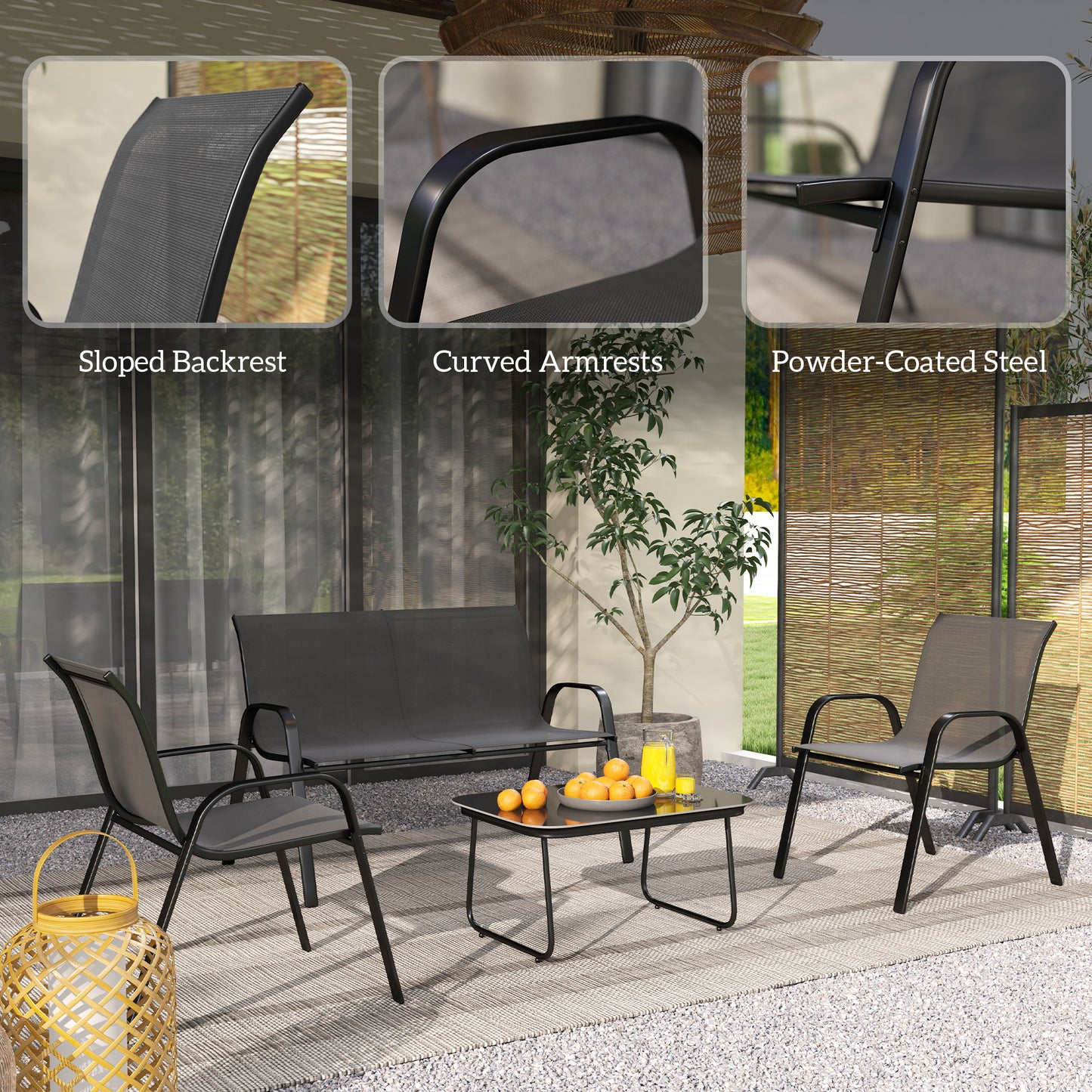 4 Pieces Outdoor Furniture Set with 2 Stackable Chairs, Loveseat, Patio Conversation Set with Glass Coffee Table, Black