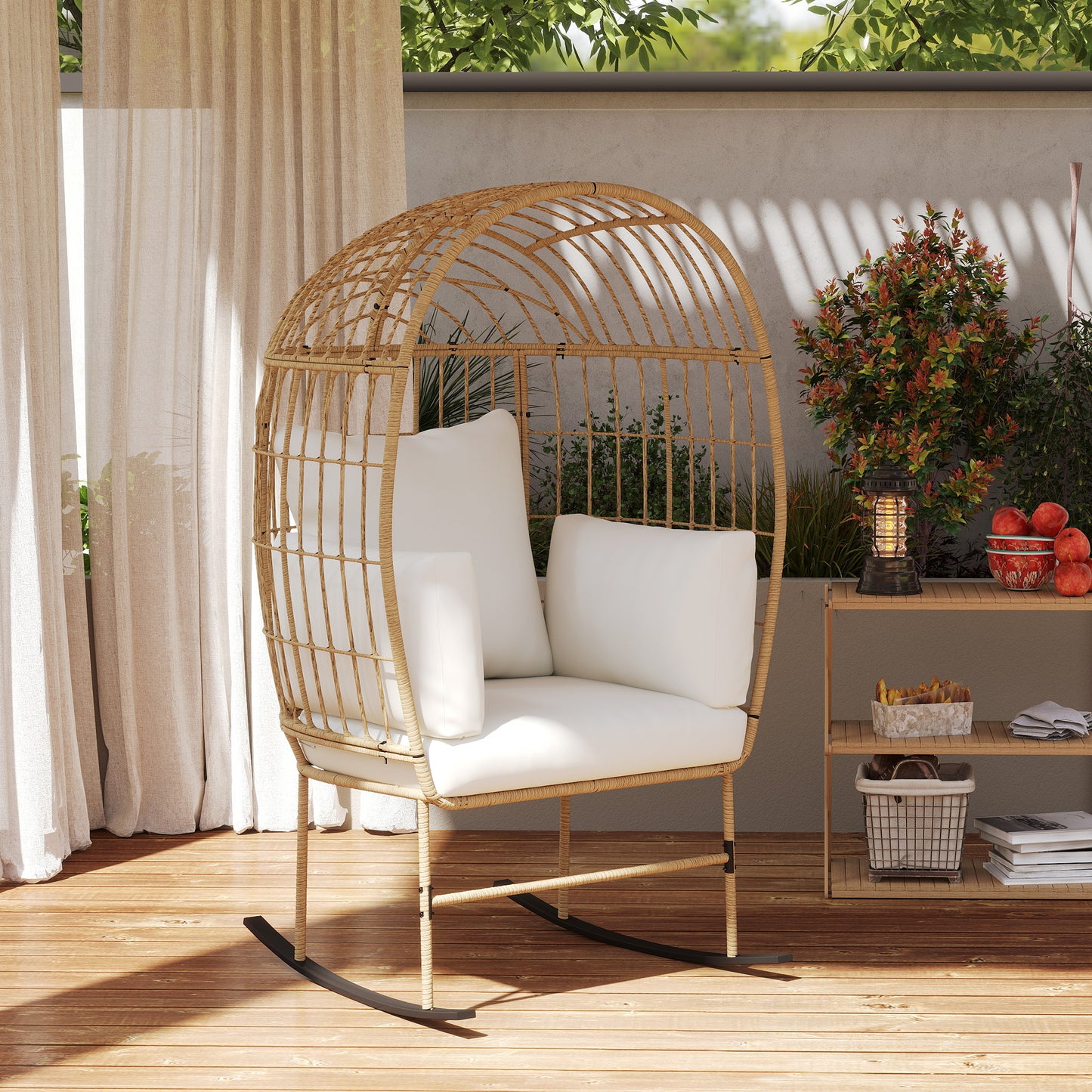 Oversized Rocking Chair, Indoor Outdoor Egg Chair w/ Thickened Cushions, Wicker Patio Lounger for Porch, Balcony, Beige
