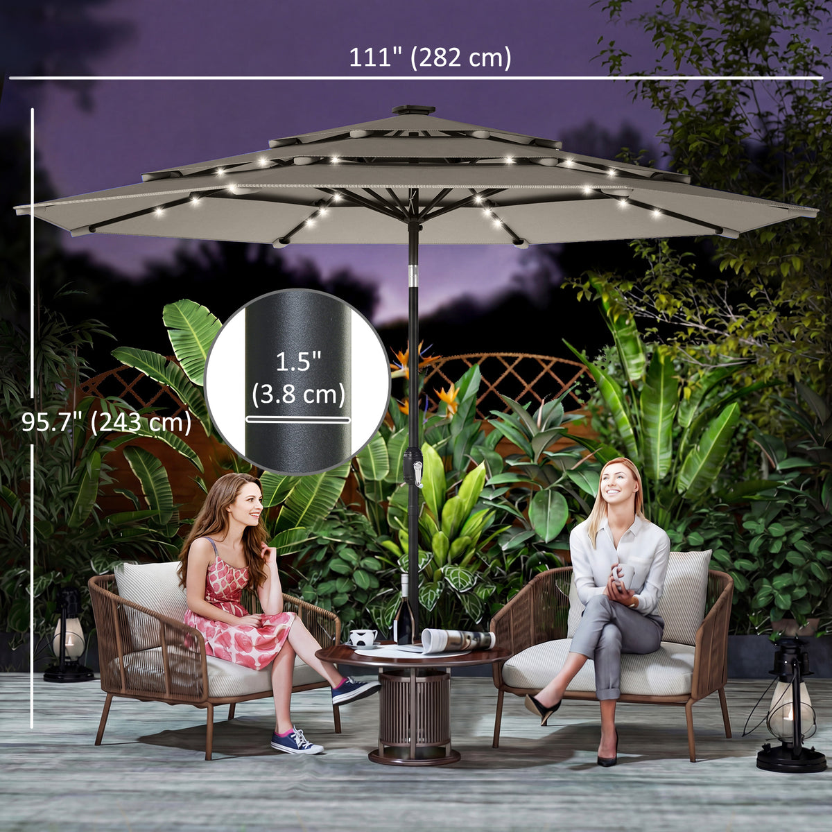 9.3' Grey Market Umbrella with Solar LED Lights & Tilt Crank