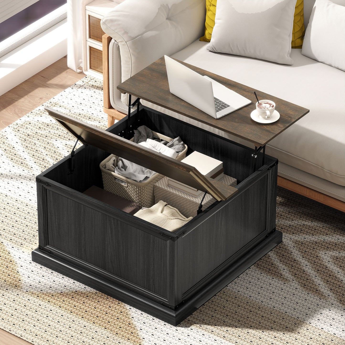 Lift Top Coffee Table with Charging Station, Square Farmhouse Center Table with Hidden Storage, Black Wood Grain