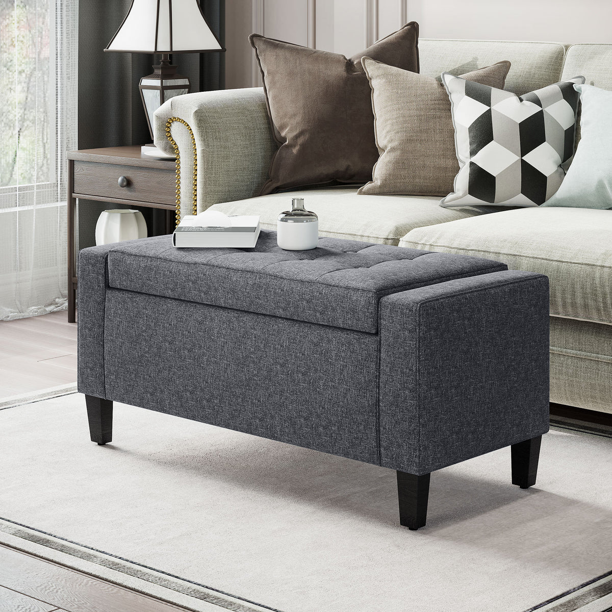 Storage Ottoman Bench, Linen Upholstered Bench with Tufted Design, Flipping Top, Dark Grey