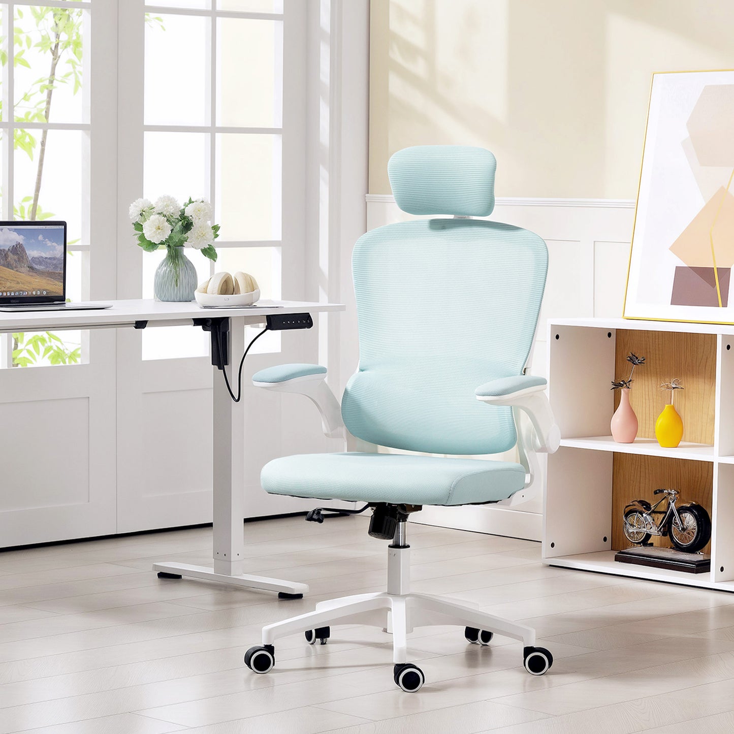 Ergonomic Mesh Office Chair, High Back Desk Chair with Rotatable Headrest, Flip-Up Armrests, Lumbar Support, Light Green