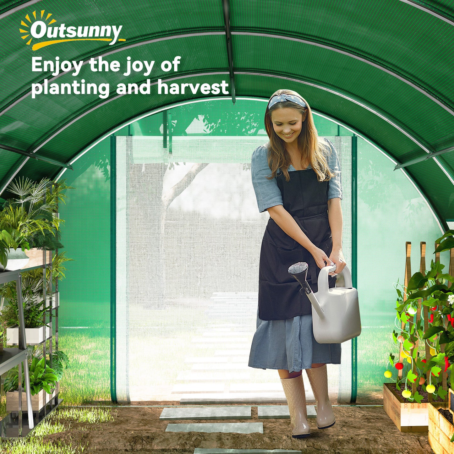 Walk-in Tunnel Greenhouse, Plant Hot House with Sunshade Net, Roll-up Mesh Sidewalls, 2 Doors