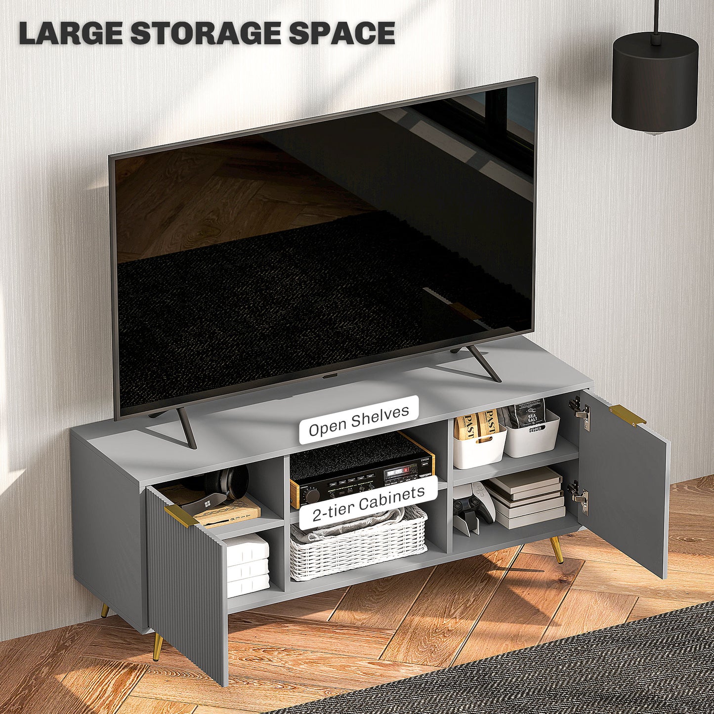 TV Stand with Storage for 55 Inch TV, Modern TV Cabinet with 2 Open Shelves and 2 Cabinets for Living Room, Grey