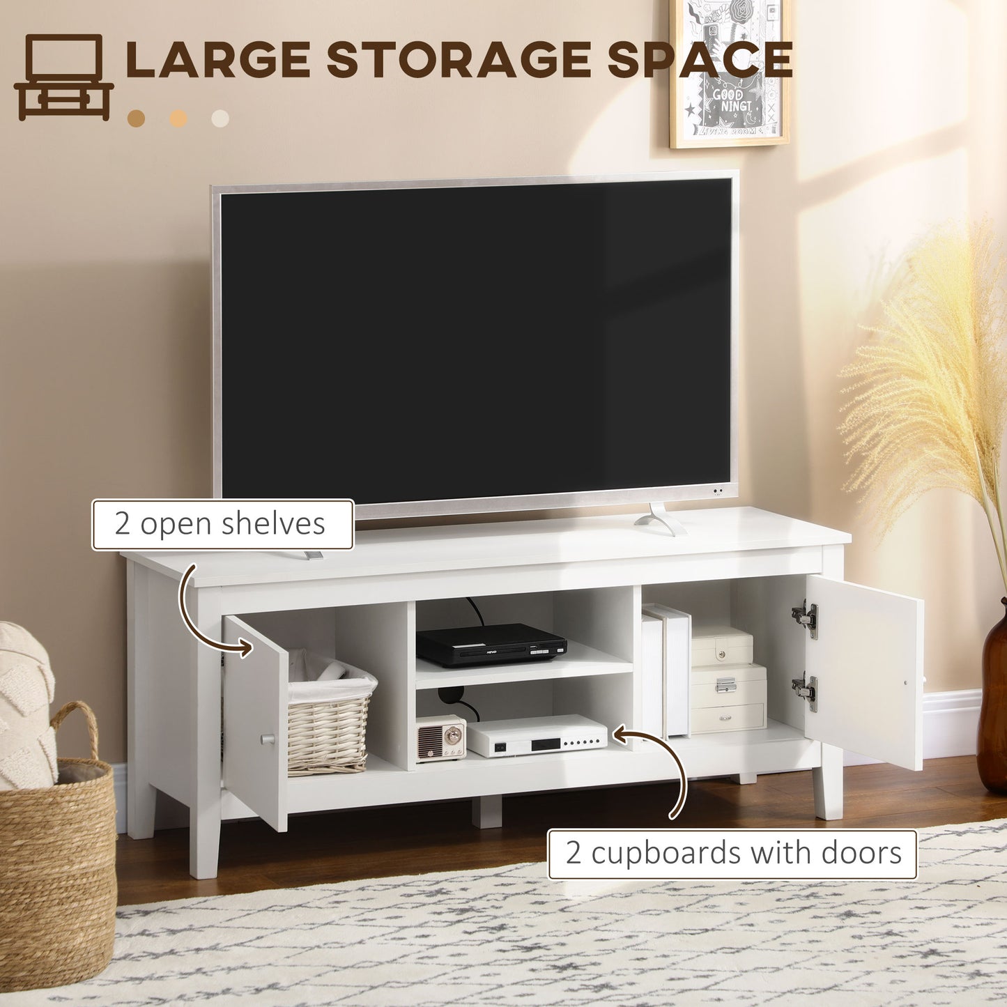 Modern TV Stand for TVs up to 55", TV Bench with Storage Cupboards and Shelves, 47.2" x 16.7" x 19.7", White