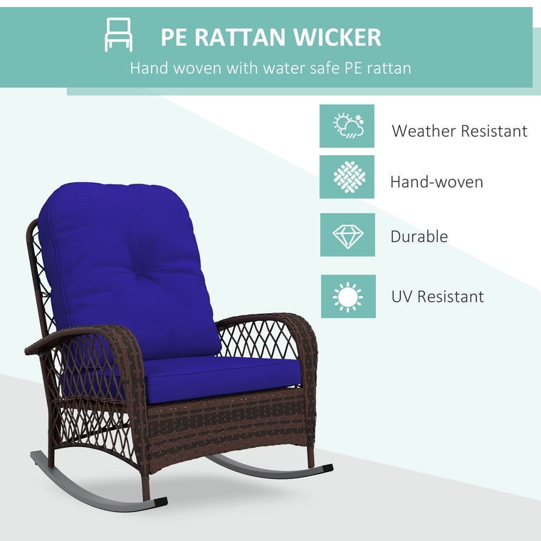 Dark Blue Wicker Rocking Chair with Thick Cushions