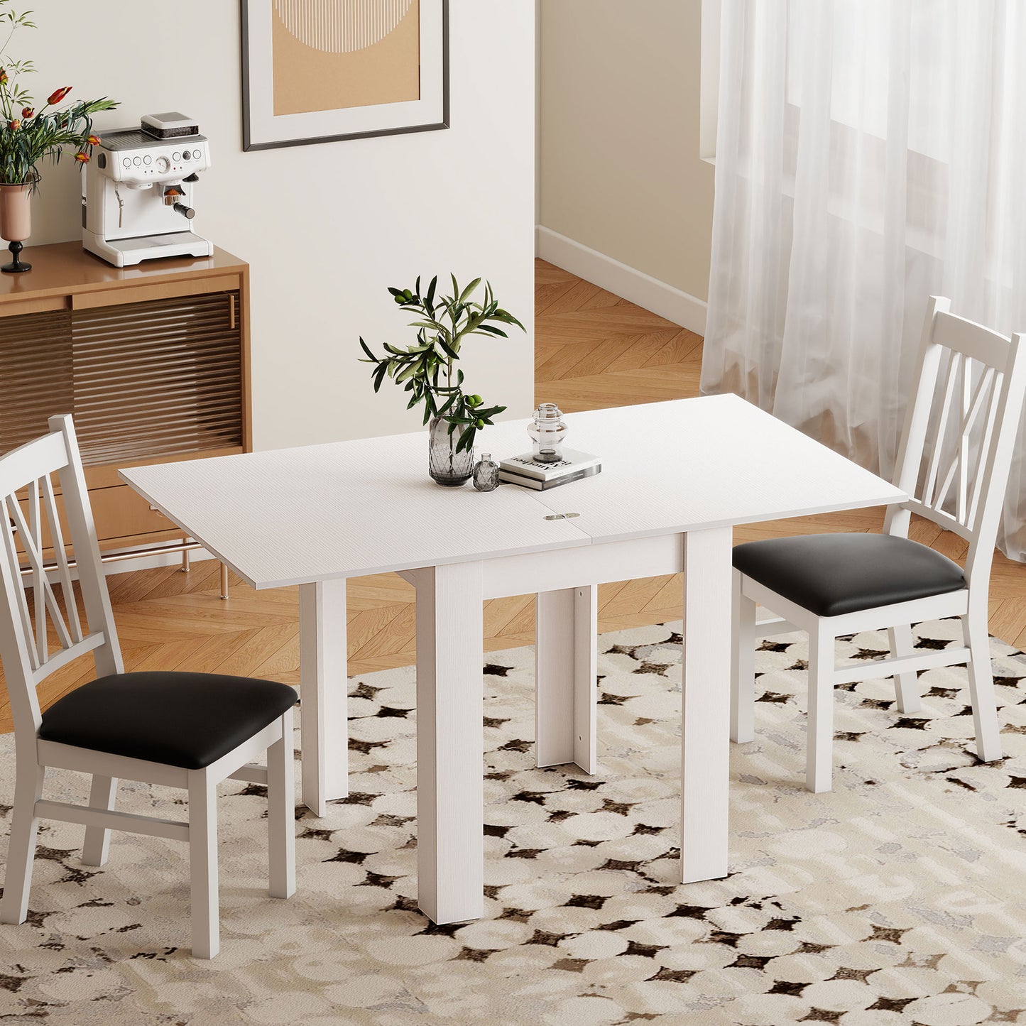 55" Extendable Dining Table for 4-6 Person, Kitchen Table with PU Handle and Felt Pads for Small Spaces, White