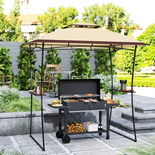 8' x 5' Outdoor Grill Gazebo, Double Tiered Barbecue Grill Gazebo Shelter with 2 Side Shelves and Hook, Beige