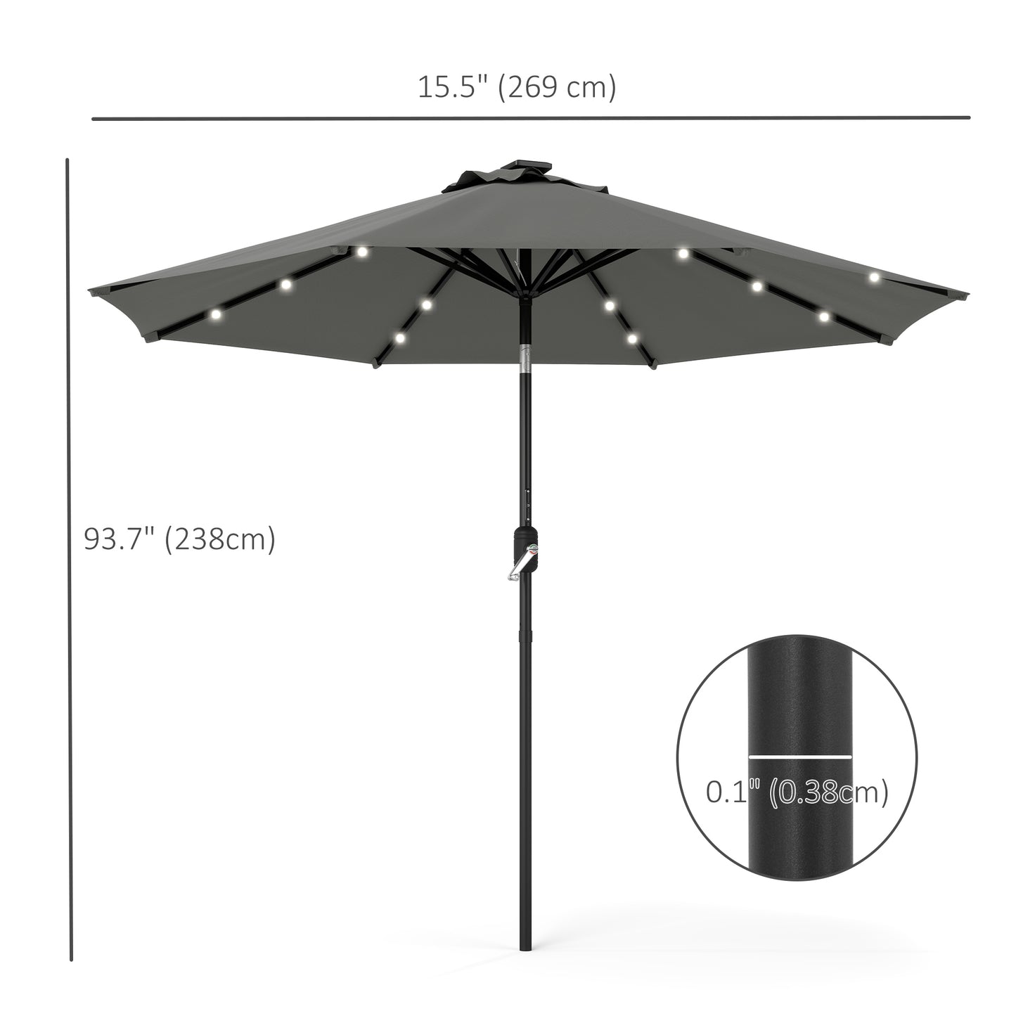 8.8 ft Solar Powered Outdoor Patio Umbrella Round Market Table Umbrella with Adjustable LED Lights Tilt Crank Dark Grey