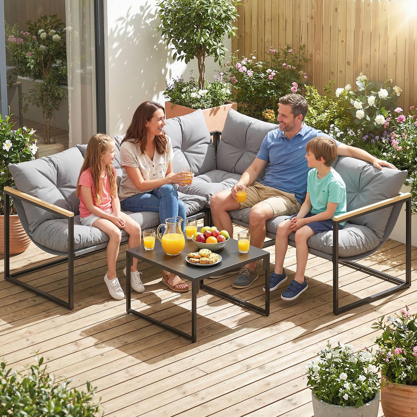 4 Piece Patio Furniture Set with Thick Cushions and Coffee Table, Patio Conversation Set for Porch, Balcony, Deck, Grey