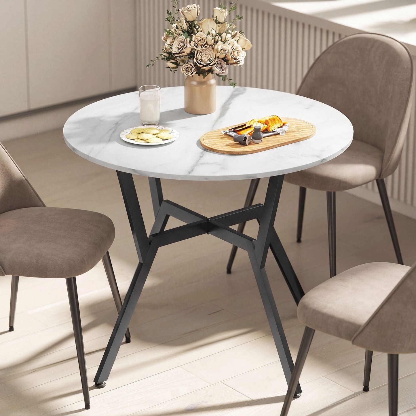 35" Round Dining Table, Modern Dining Room Table with Steel Frame, Space Saving Small Kitchen Table, White Marble