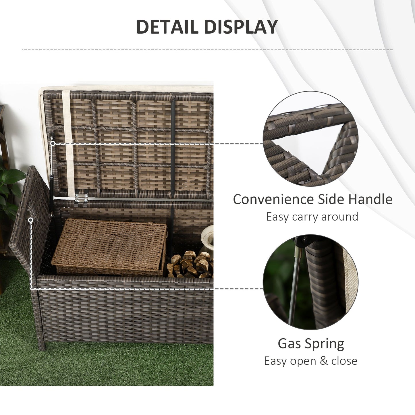 2-In-1 Outdoor PE Rattan Storage Bench, 29 Gallon Patio Wicker Furniture, Basket Box with Handles and Cushion Dark Grey