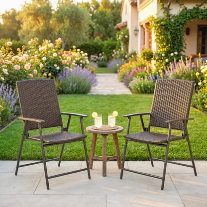 Set of 2 Brown Rattan Folding Dining Chairs