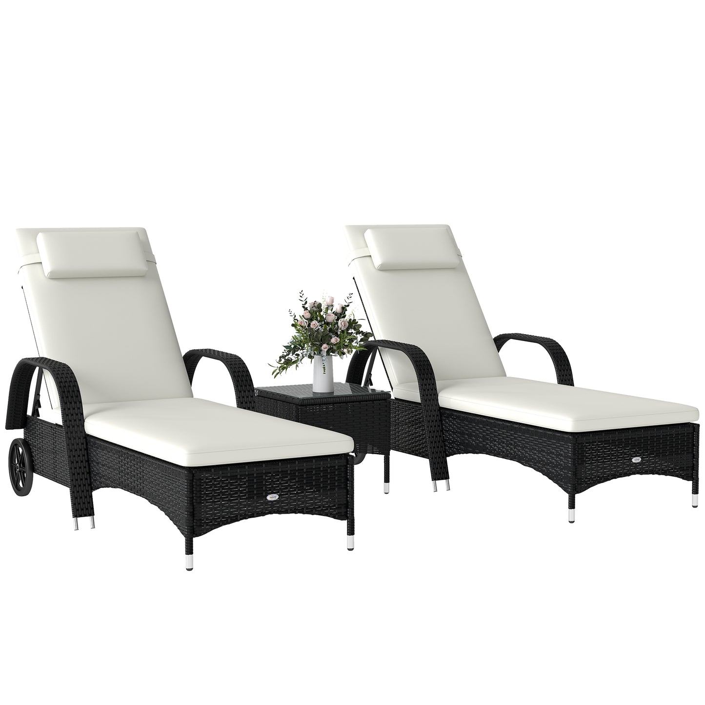 3 Pieces Wicker Patio Lounger Set with Table, Rattan Outdoor Lounge Chair Set with Cushions, Wheels, 5-Level Reclining Backrest, Headrest, Brown/Grey
