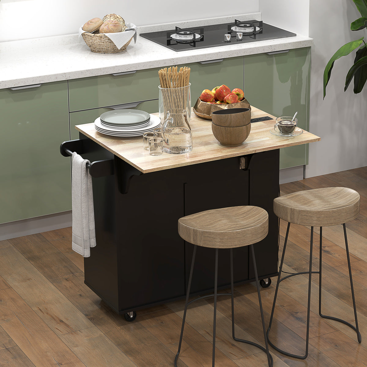 Kitchen Island with Power Outlet and Drop Leaf, Rolling Kitchen Cart with 2 Drawers and Adjustable Shelves, Black