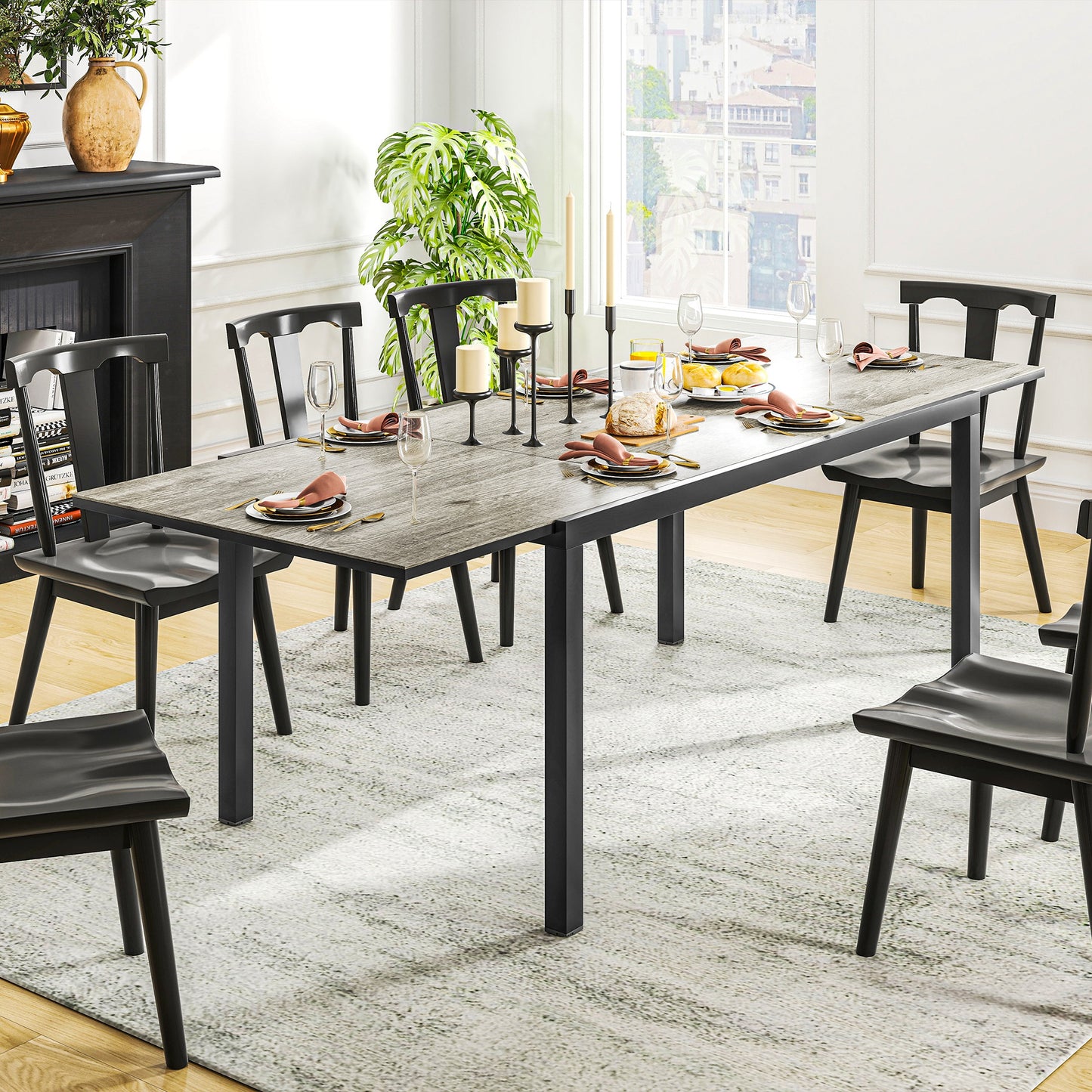 63"-94.5" Extendable Patio Dining Table for 6-8 Person, Outdoor Dining Table with Aluminium Edging, Steel Frame, Grey