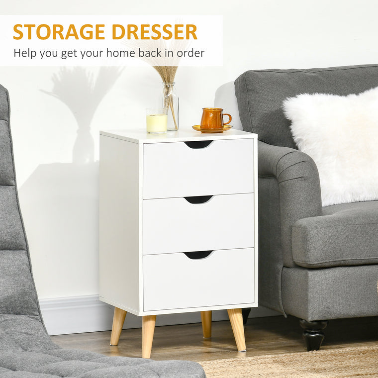 3-Drawer Nightstand with Wood Legs - White