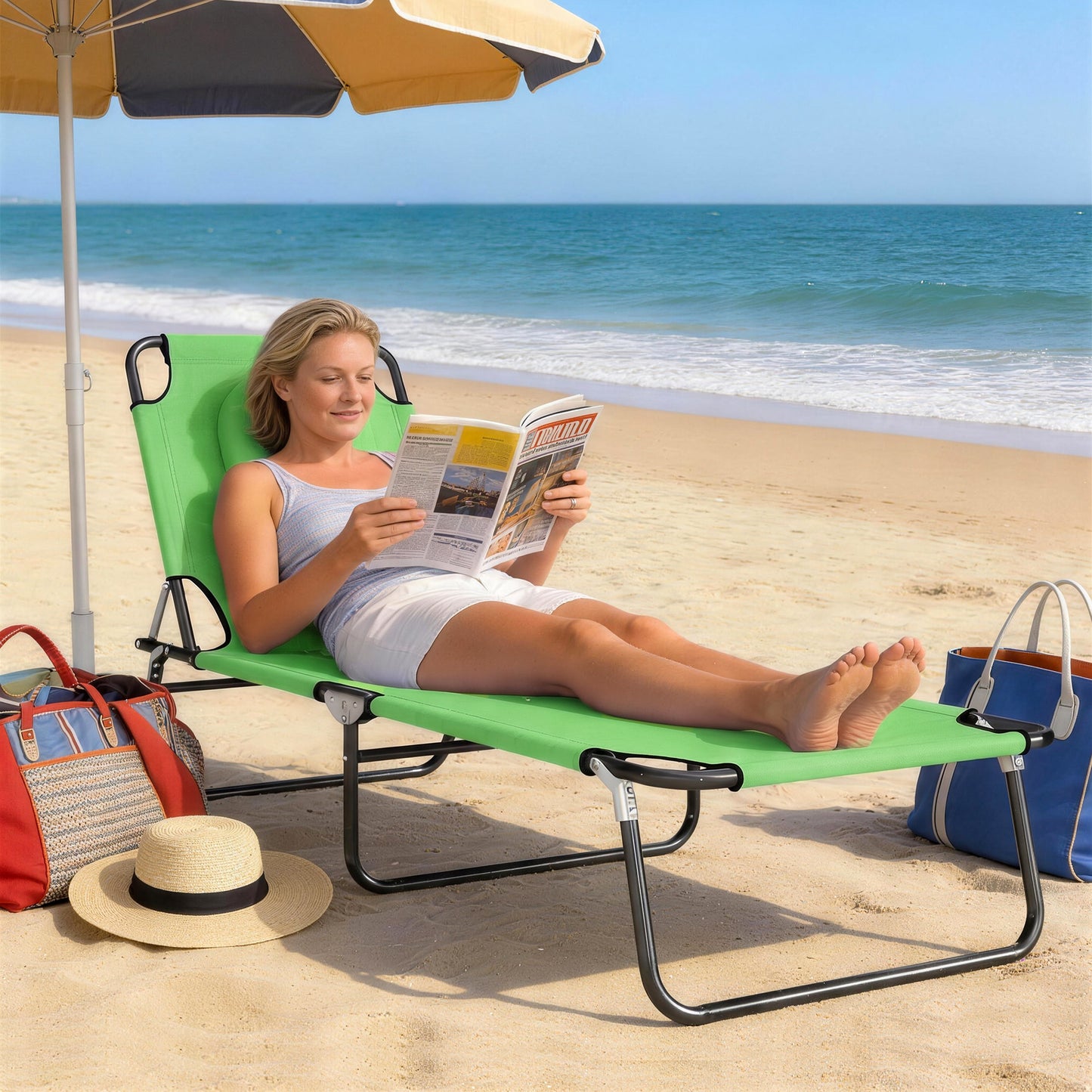 Folding Chaise Lounge Chair, Reclining Beach Tanning Chair with Face Hole, Pillow, 4-Position Adjustable Lay Flat Sun Lounger, Steel Frame for Outdoor Patio Pool, Green