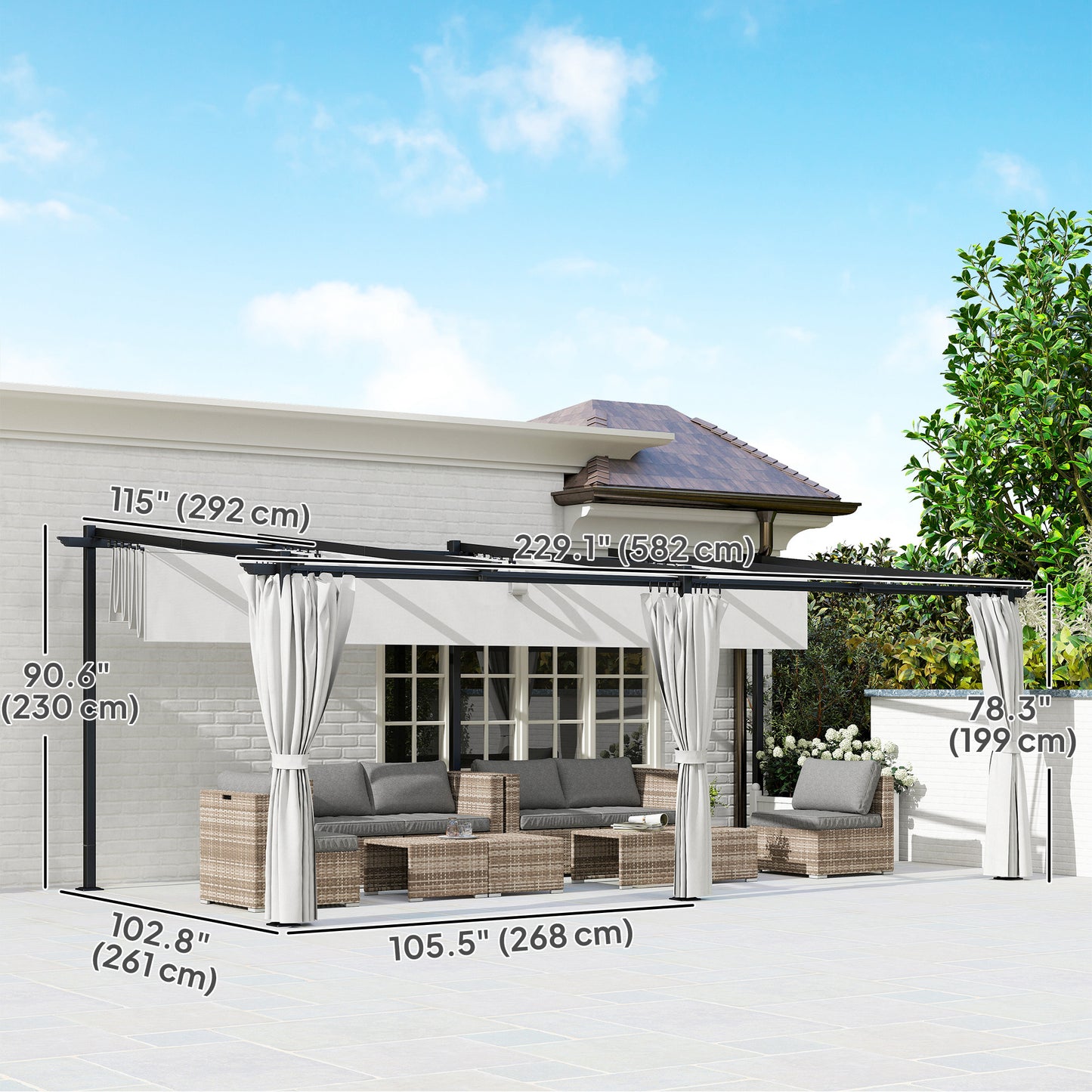 Metal Retractable Pergola Canopy with Sidewalls, Outdoor Gazebo UPF30+ Sun Shade Shelter for Garden, Deck