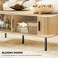 Coffee Table with Storage, Nordic Side Table with Fluted Tambour Sliding Doors and Steel Legs for Living Room, Oak