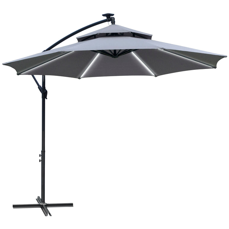 10FT Grey Cantilever Umbrella with Solar Lights & Crank