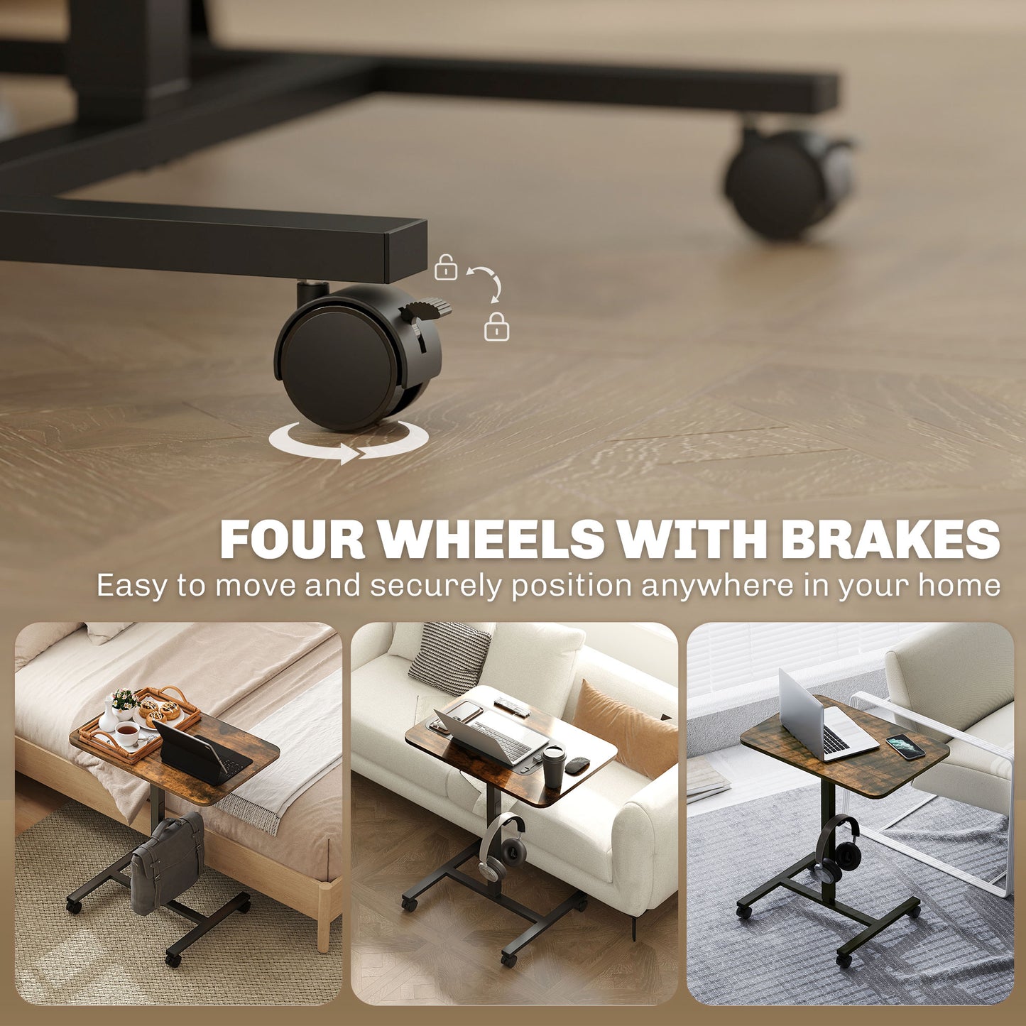 Height Adjustable Standing Desk, Pneumatic Sit Stand Desk with Wheels and Headphone Hook, Rustic Brown