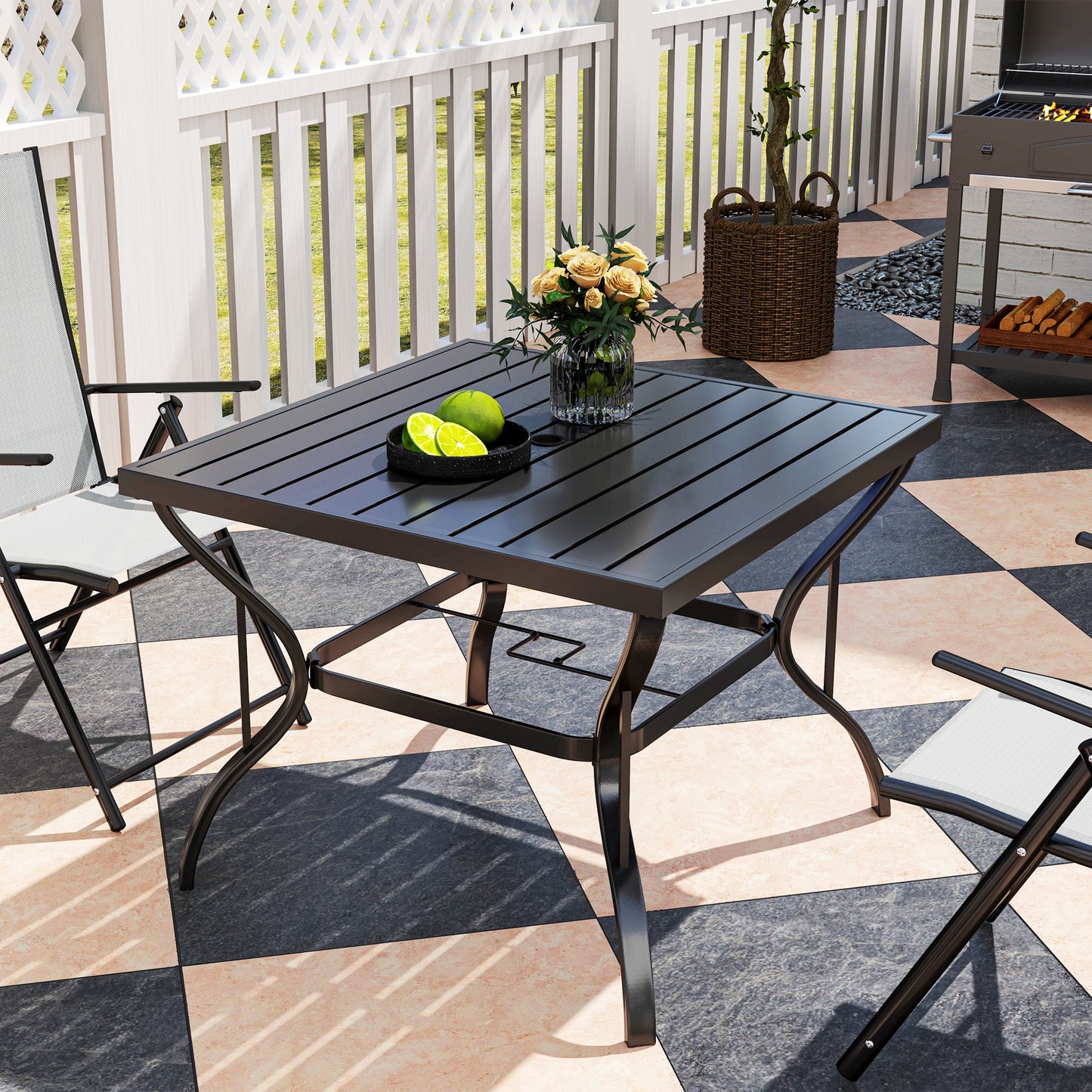 37" Square Outdoor Dining Table, Galvanized Steel Patio Table with 2" Umbrella Hole, Slatted Metal Top, Black