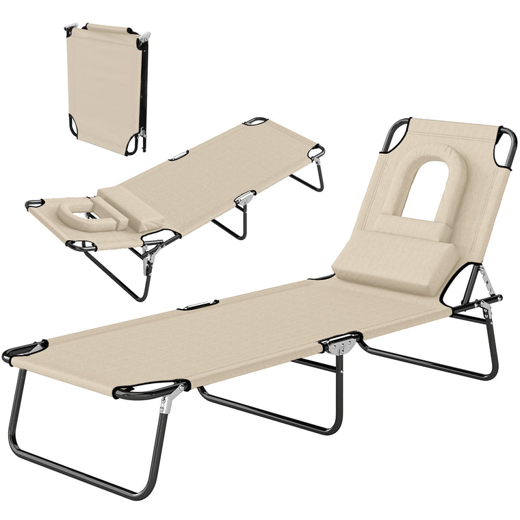 Beige Folding Chaise Lounge with Face Hole and Pillow