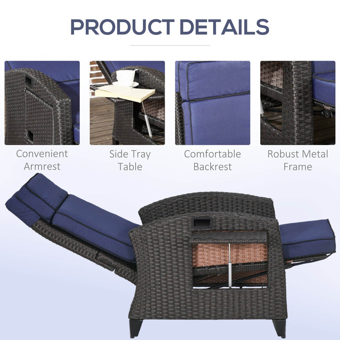 Outdoor Recliner Chair with Adjustable Backrest, Cushion, Side Tray, Black