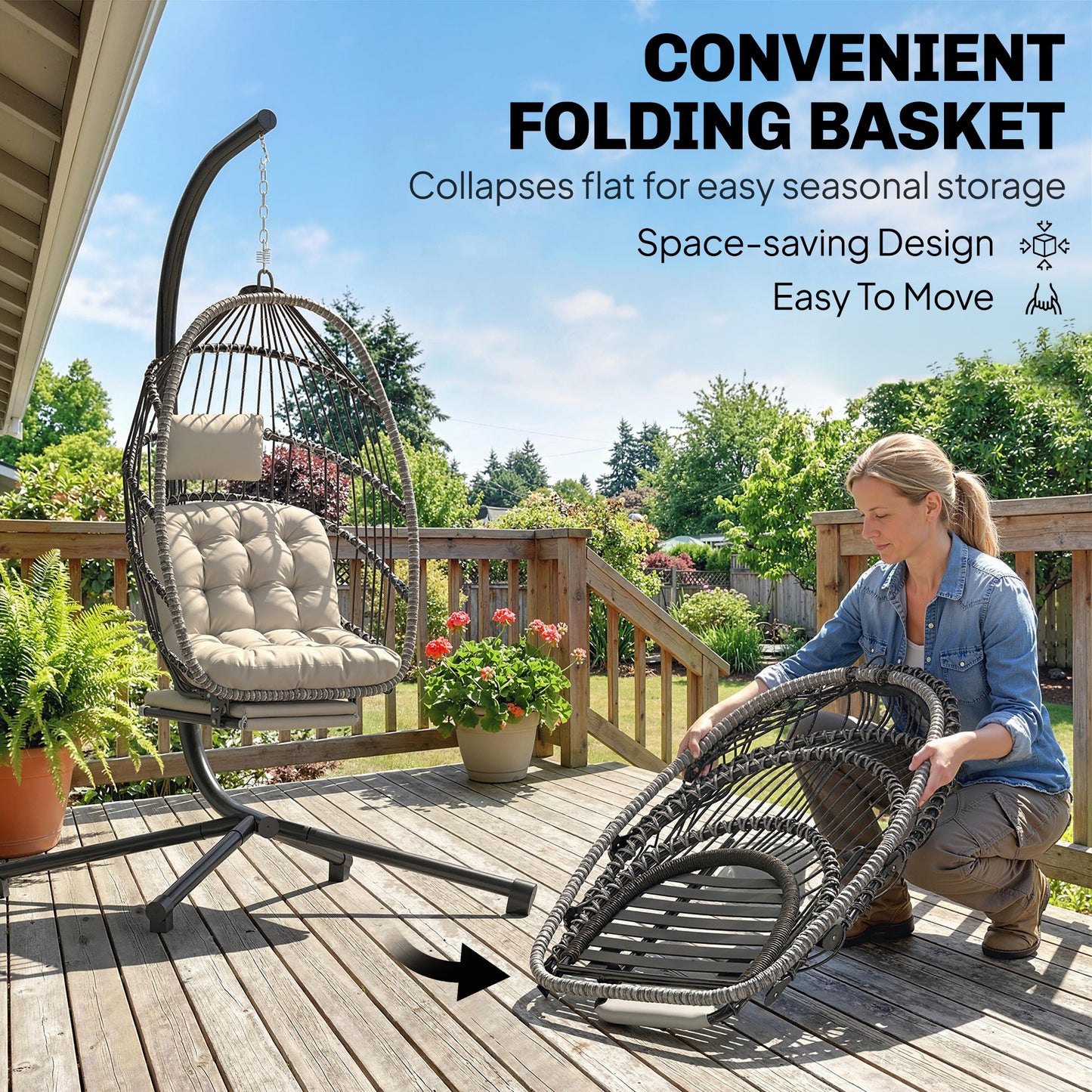 Outdoor Hanging Egg Chair with Retractable Footrest Swing Chair with Metal Stand Light Grey