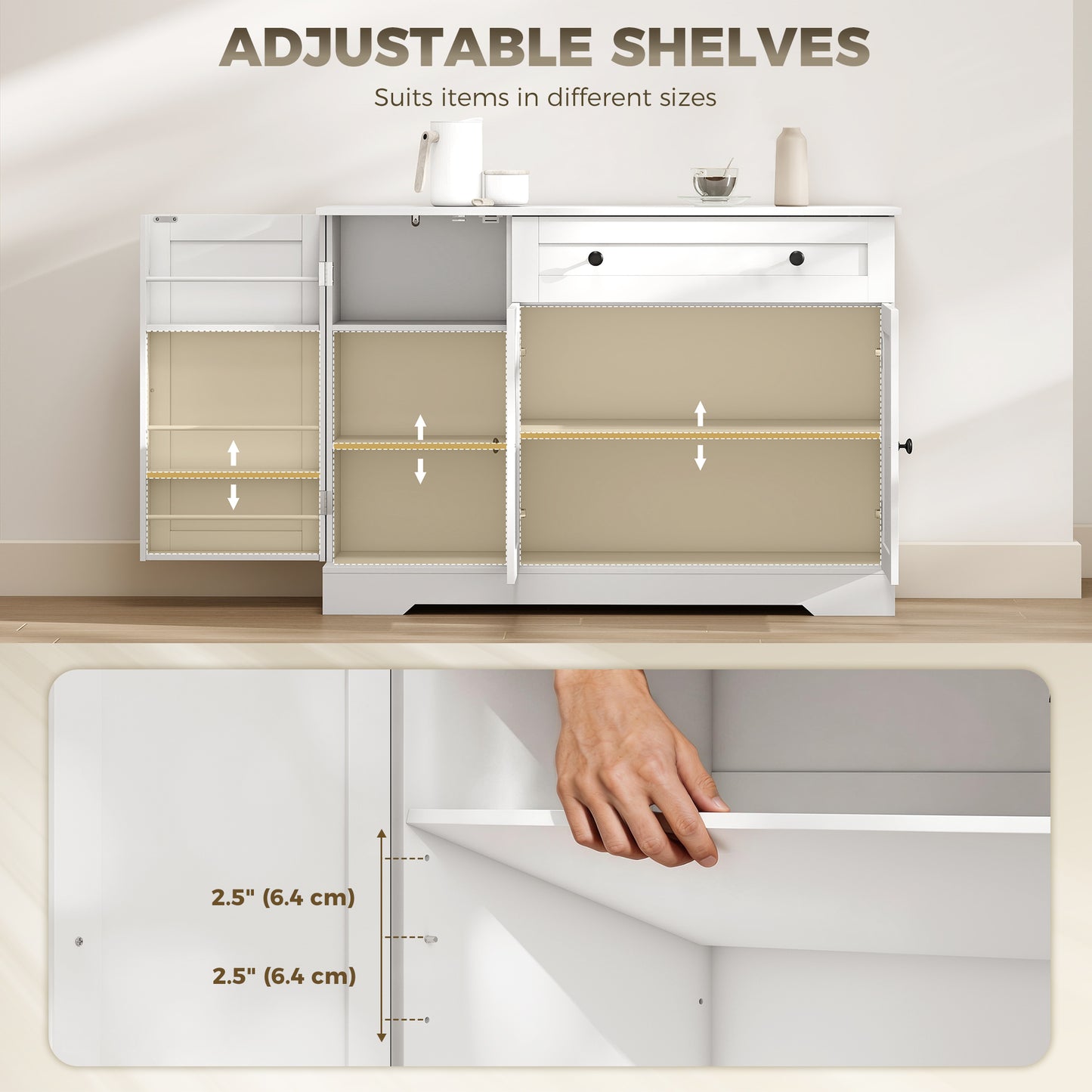 Sideboard Buffet Cabinet, Farmhouse Coffee Bar Cabinet with Door Shelves, Adjustable Shelves, Drawer, Barn Doors, White