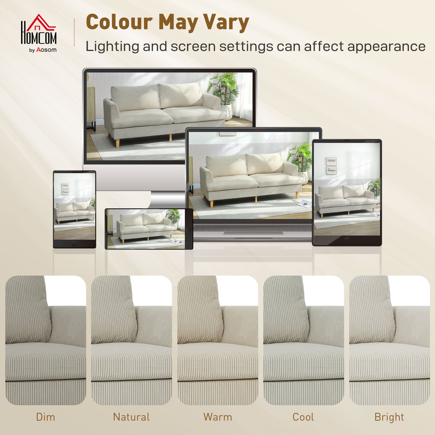 3 Seater Sofa, 74" Modern Corduroy Upholstered Couch with Thick Spring Cushions, Solid Wood Legs, Armrests, Beige