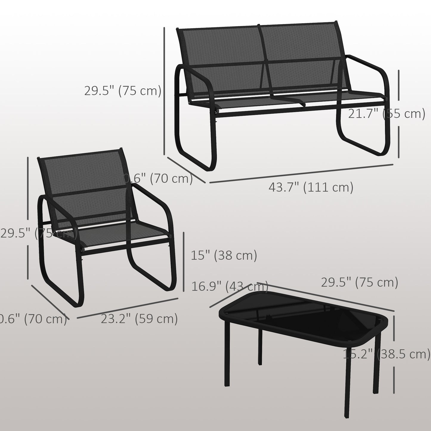 4 Piece Patio Furniture Set, Outdoor Conversation Set with 2 Loveseats, 2 Armchairs, Glass-Top Table, Black