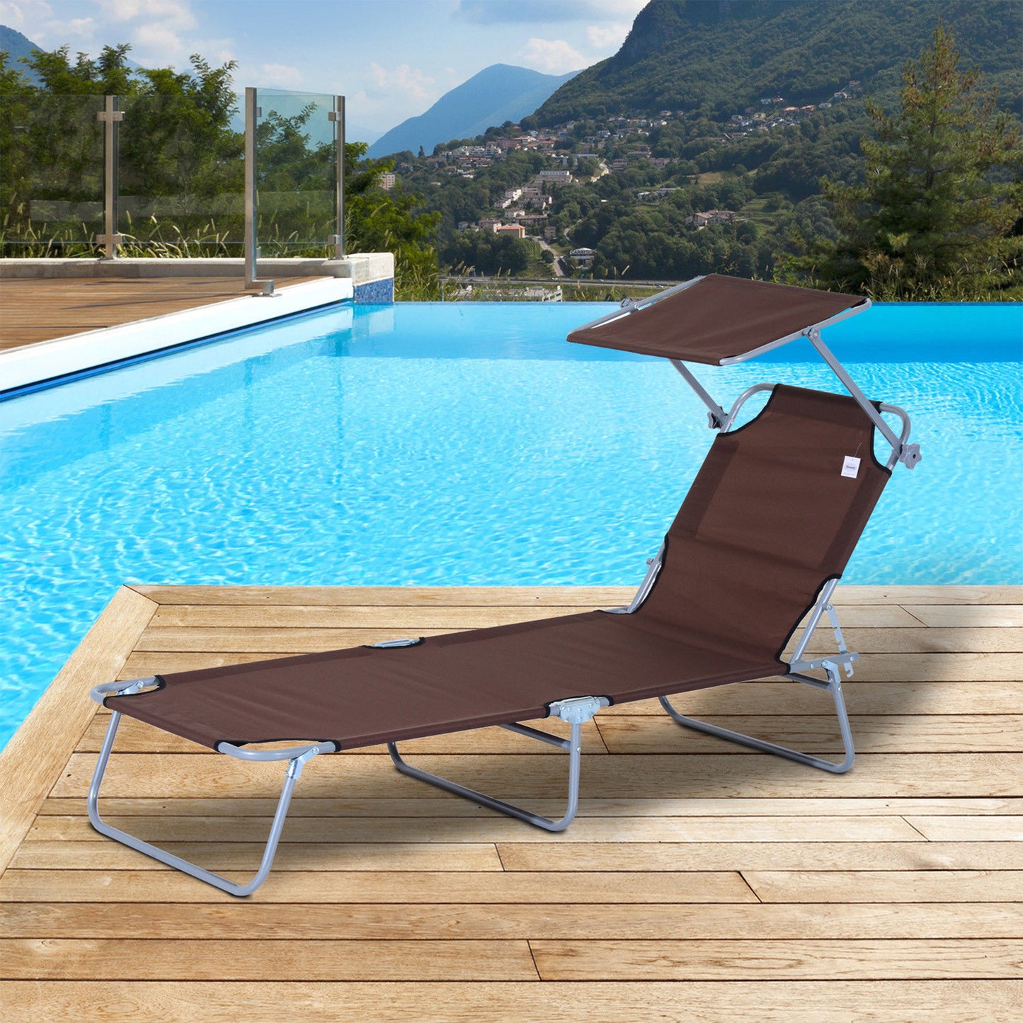 Outdoor Lounge Chair, Adjustable Folding Chaise Lounge, Tanning Chair with Sun Shade for Beach, Camping, Hiking, Backyard, Light Grey