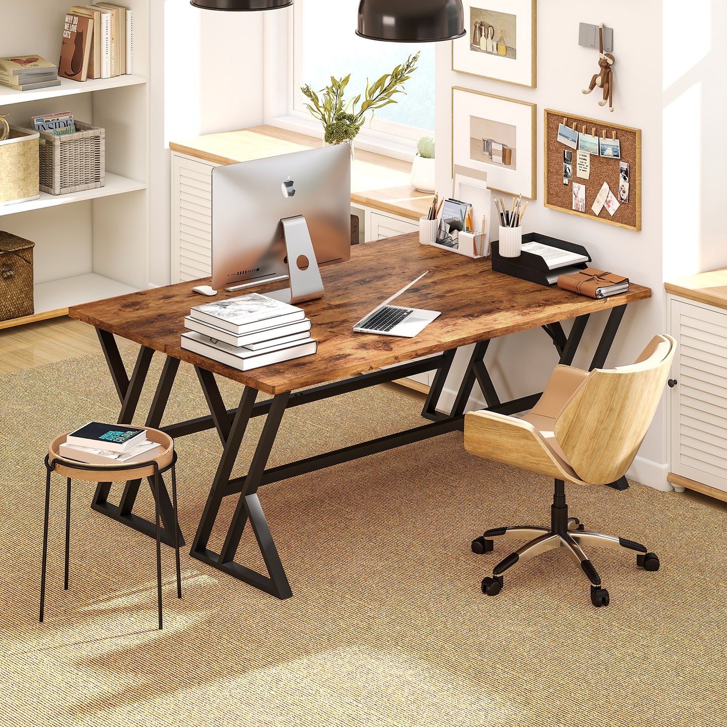 71" Computer Desk, Industrial Writing Table with X-Shaped Frame for Home Office, Rustic Brown