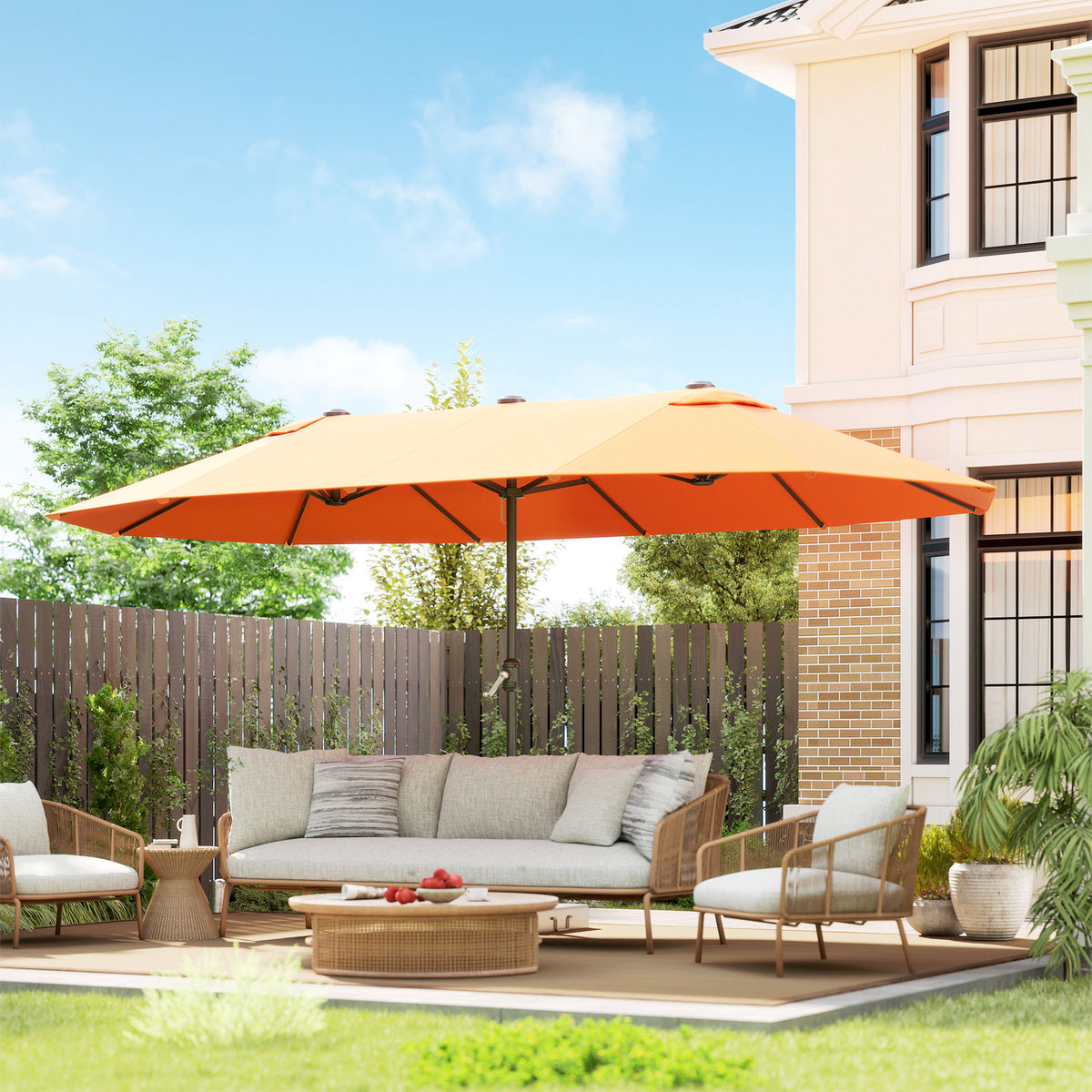 15' Outdoor Patio Umbrella with Twin Canopy Sunshade Steel Table Umbrella with Lift Crank Orange