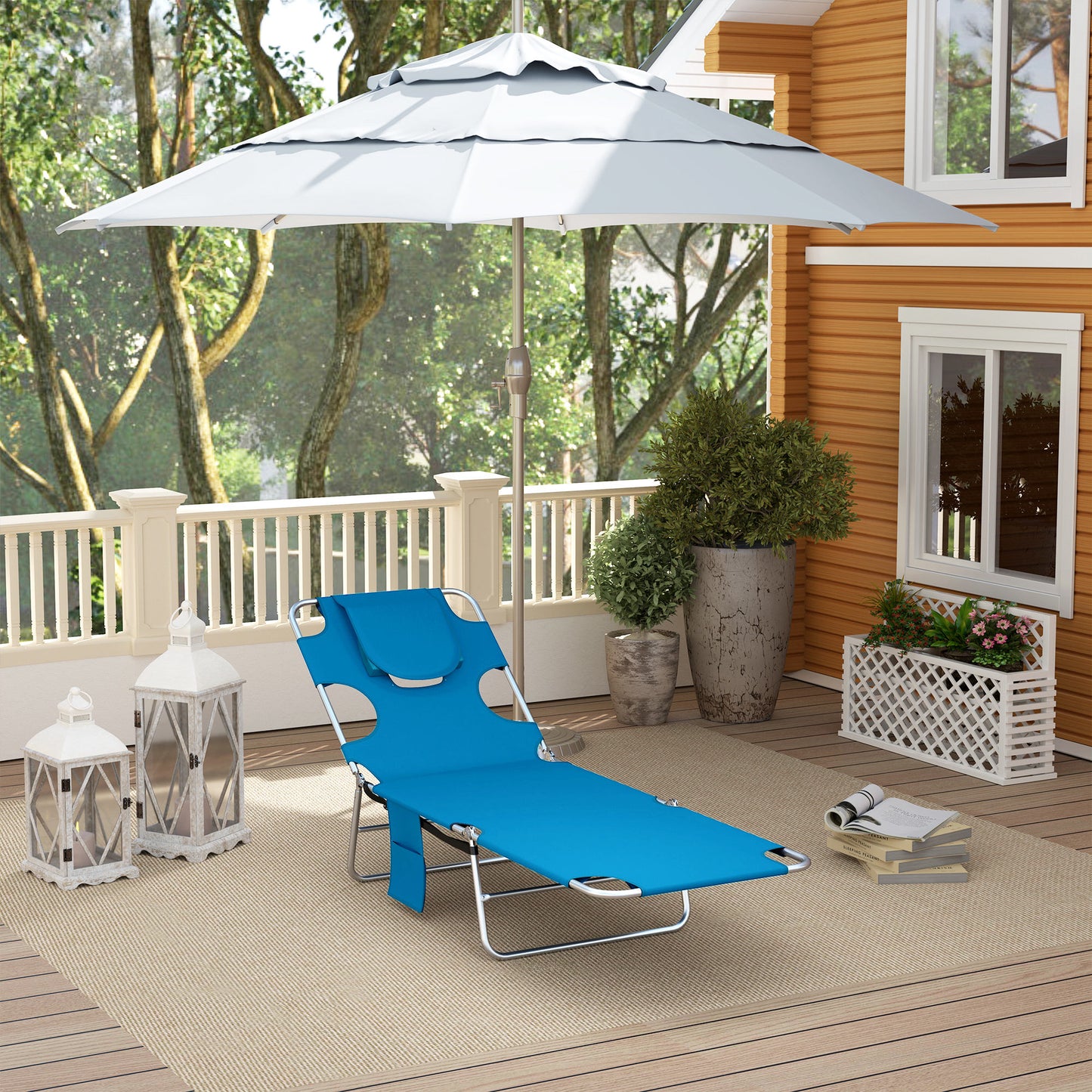Folding Outdoor Lounge Chair, 5-Level Tanning Chair with Face Hole, Side Pocket, Carry Strap for Beach Pool, Blue