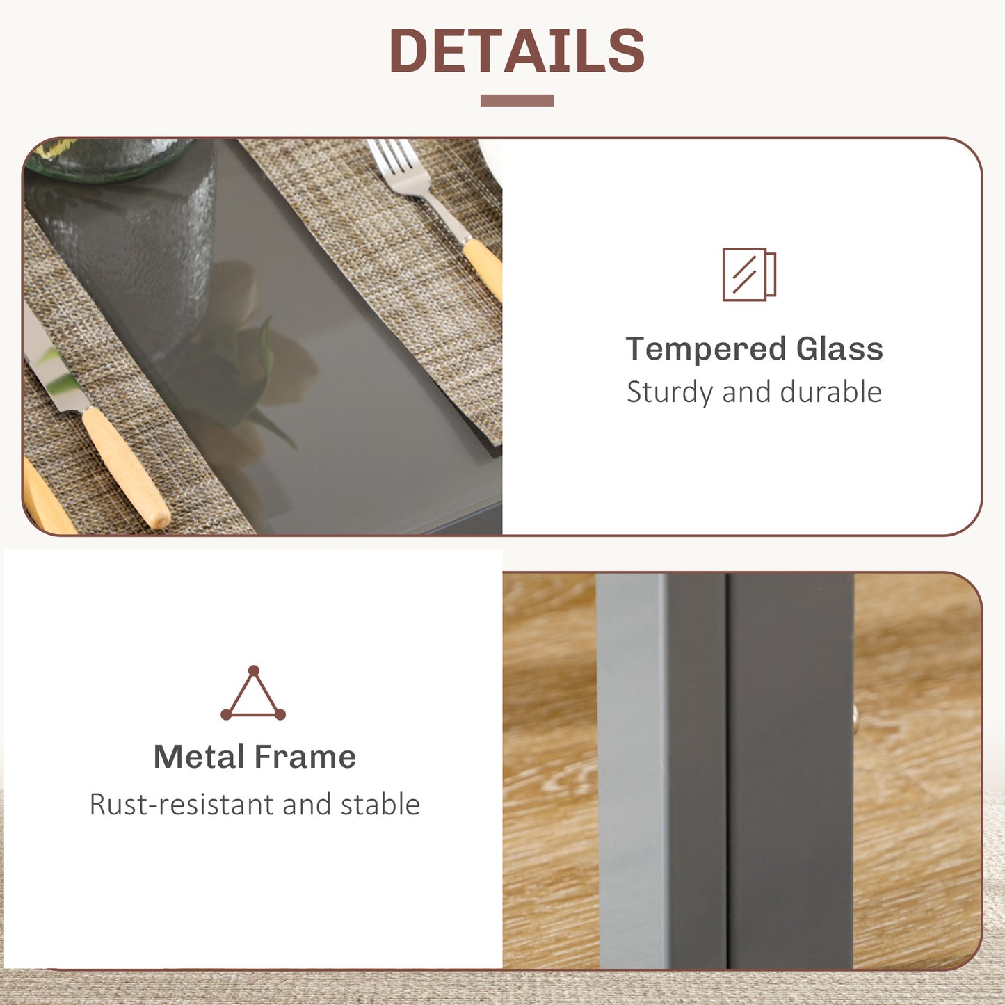3-Piece Rectangular Glass Kitchen Table and Chairs with Metal Frame and Faux Leather Upholstery for Dining Room, Grey