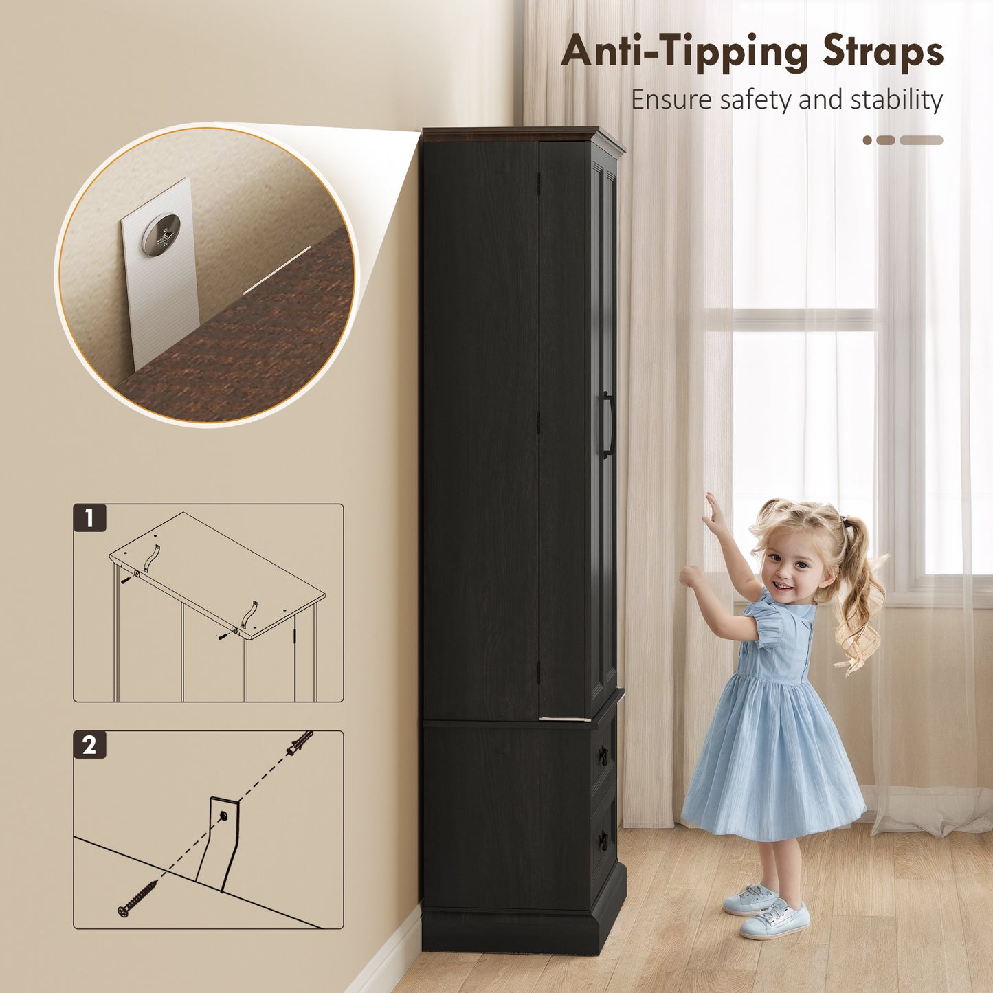 72" LED Kitchen Pantry Cabinet, Buffet Storage Cabinet with 10 Door Shelves, 2 Drawers and Adjustable Shelves, Black