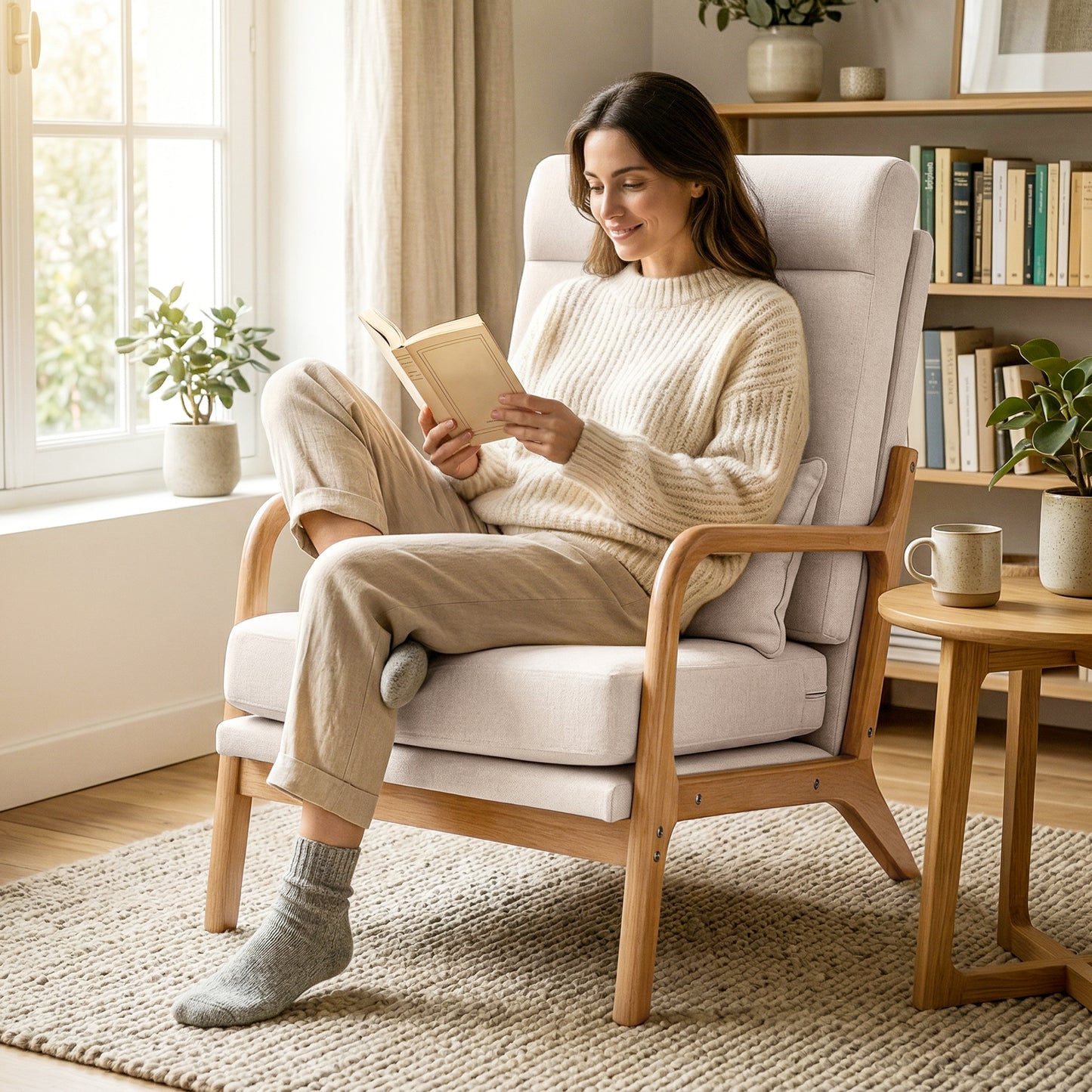 Modern Accent Chair, Linen Armchair with Lumbar Pillow, High Back, Wide Seat, Thick Cushion, Solid Wood Frame, Cream White