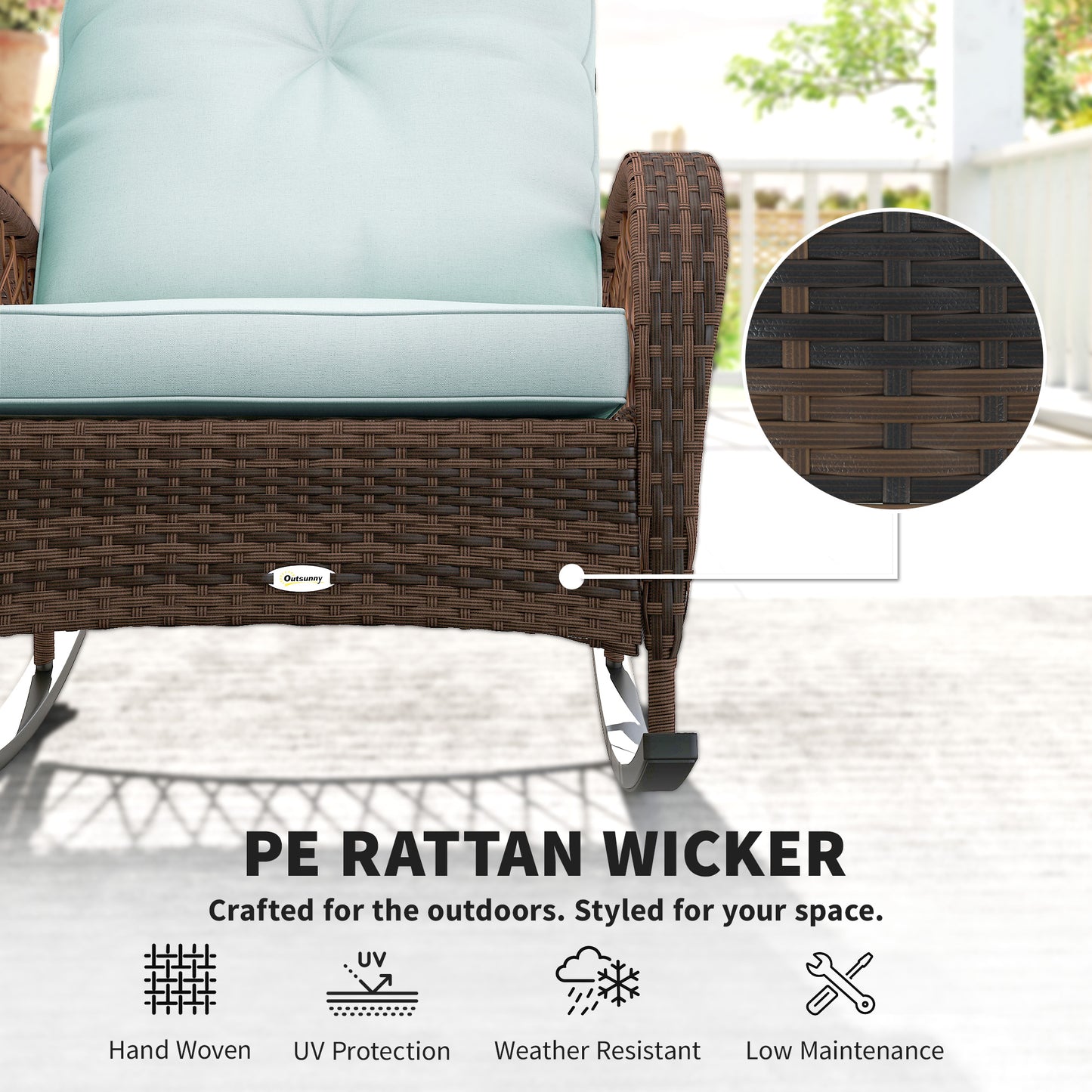 Outdoor Wicker Rattan Rocking Chair Patio Rocker with Thick Cushions for Garden Backyard Porch, Light Green