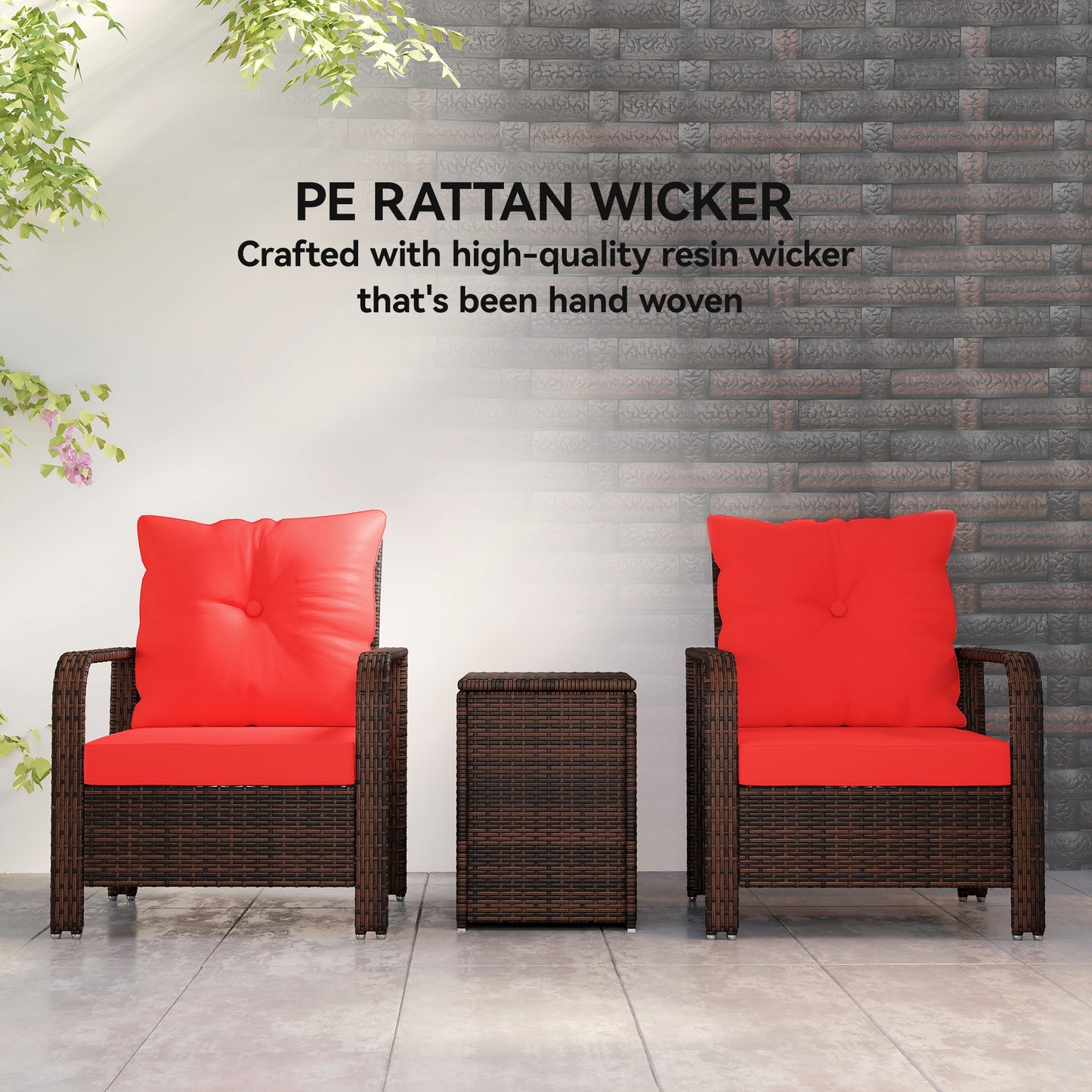 3 Pieces Wicker Patio Furniture Set, Rattan Bistro Set with Storage Coffee Table and Thickened Cushions, Outdoor Conversation Set for Garden, Porch, Balcony, Beige