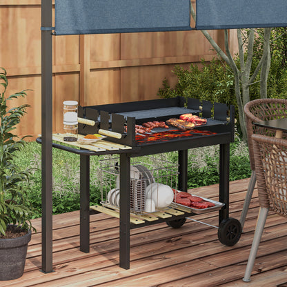 Black Charcoal Grill Trolley with Side Table & Storage Shelf