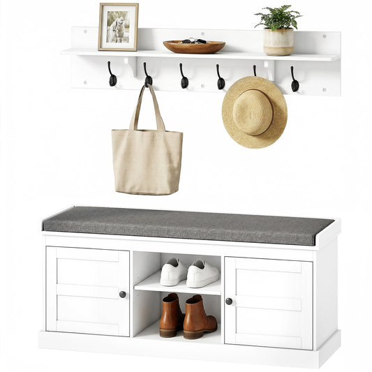 Coat Rack Shoe Bench Set with 6 Hooks - White and Grey