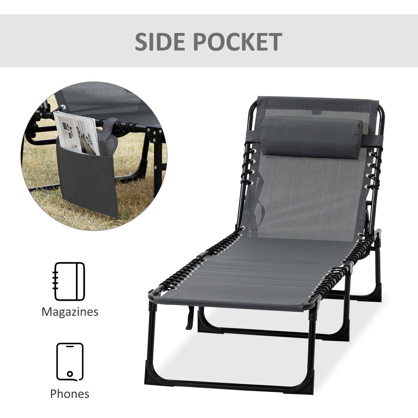Outdoor Folding Chaise Lounge, Reclining Lounge Chair with Adjustable Backrest and Removable Pillow, Grey