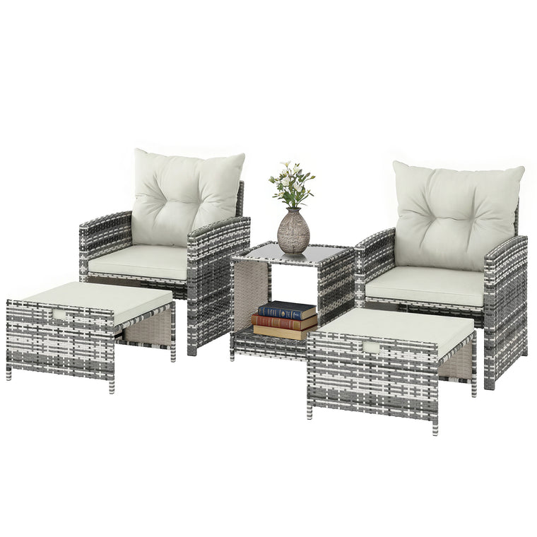 5-Piece Wicker Set with Ottomans & Glass Table - Grey/Cream