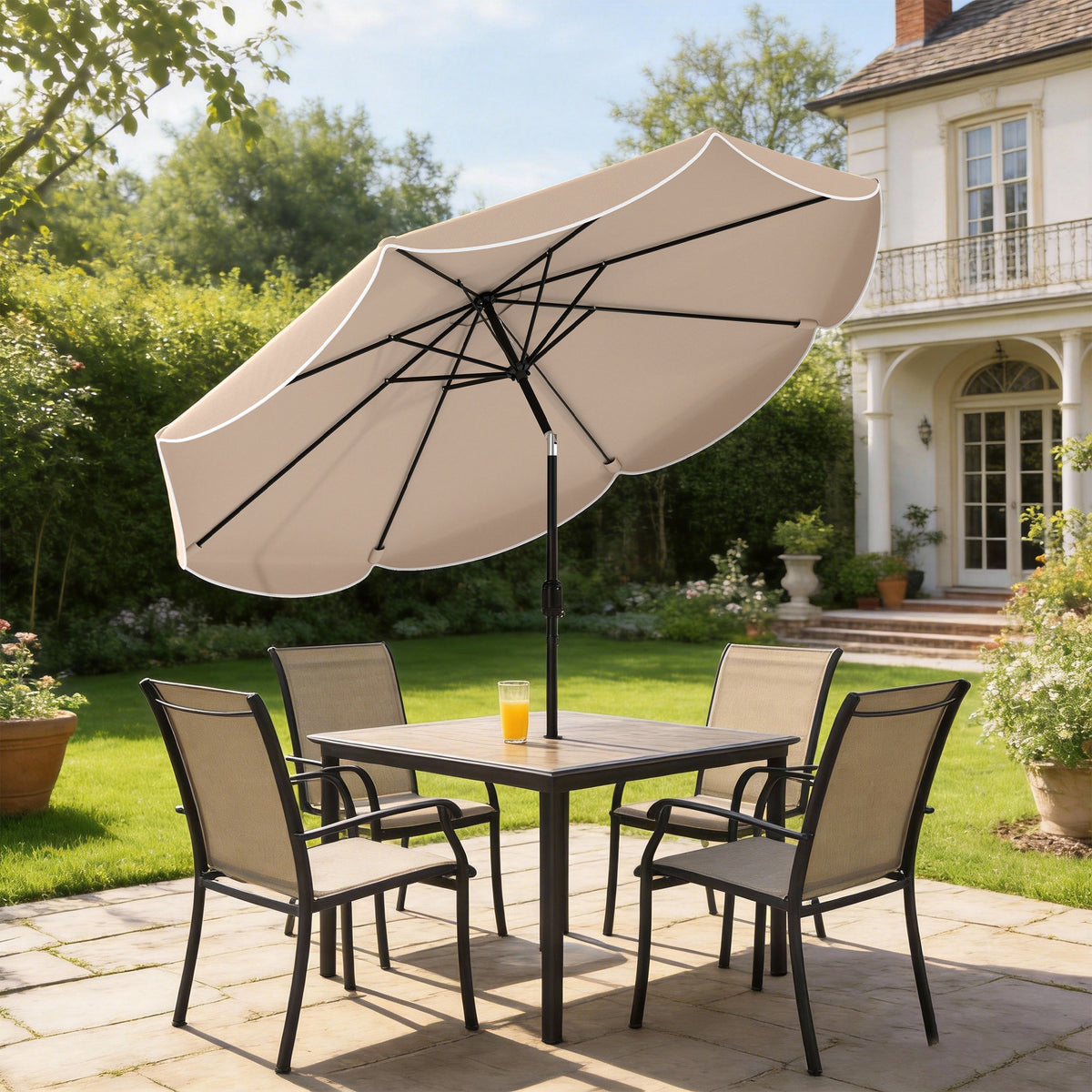 9' x 9' Khaki Round Market Umbrella with Valance & Tilt Crank